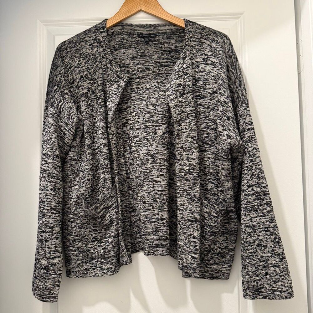 Eileen Fisher marled black and white knit Cardigan size L silk linen blend
